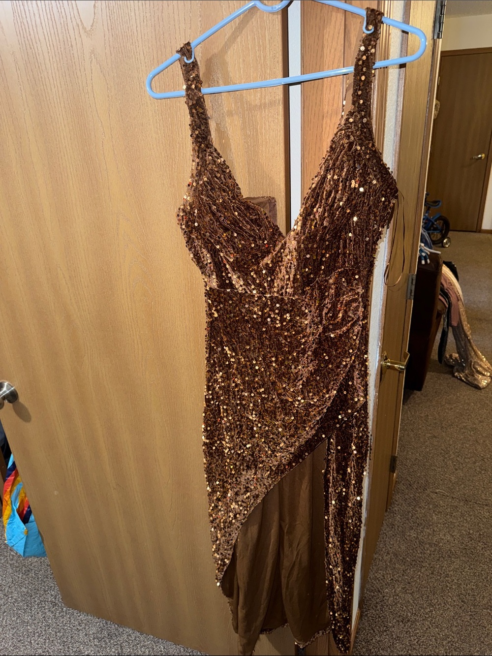 Brown Sequin V-Neck Evening Dress